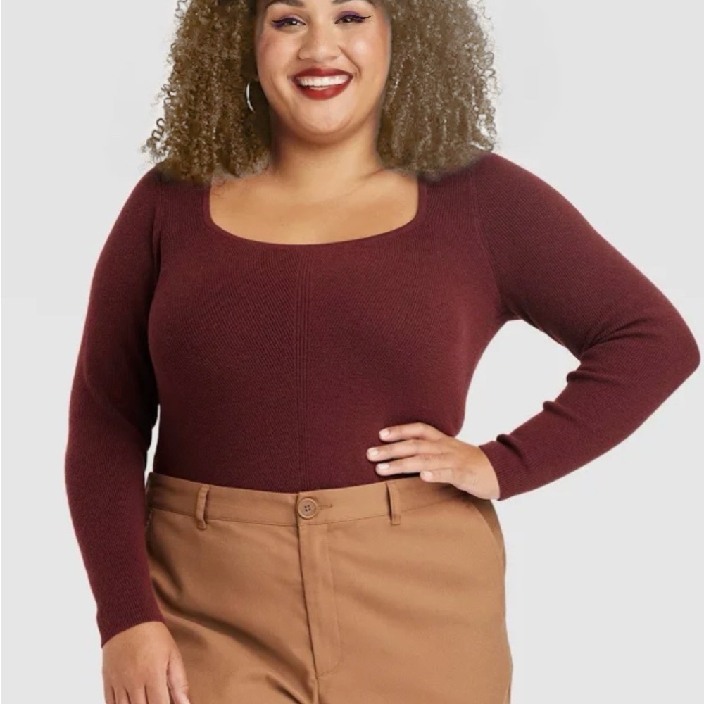 AVA & VIV Woman’s Square Neck Sweater I Size 1X (18) I Burgandy Color I NWT